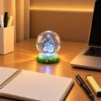 3D Laser-Engraved Crystal Ball LED Night Light - Christmas Snowmen with Santa's Sleigh, Moon, & Pine Tree (8cm)_8574481_3