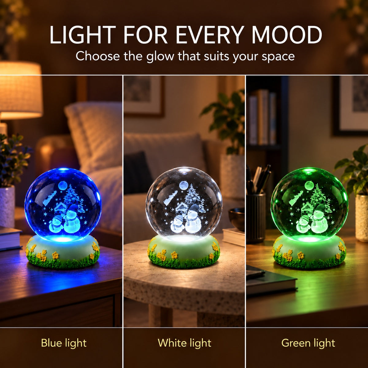 3D Laser-Engraved Crystal Ball LED Night Light - Christmas Snowmen with Santa's Sleigh, Moon, &amp; Pine Tree (8cm) 8574481 5