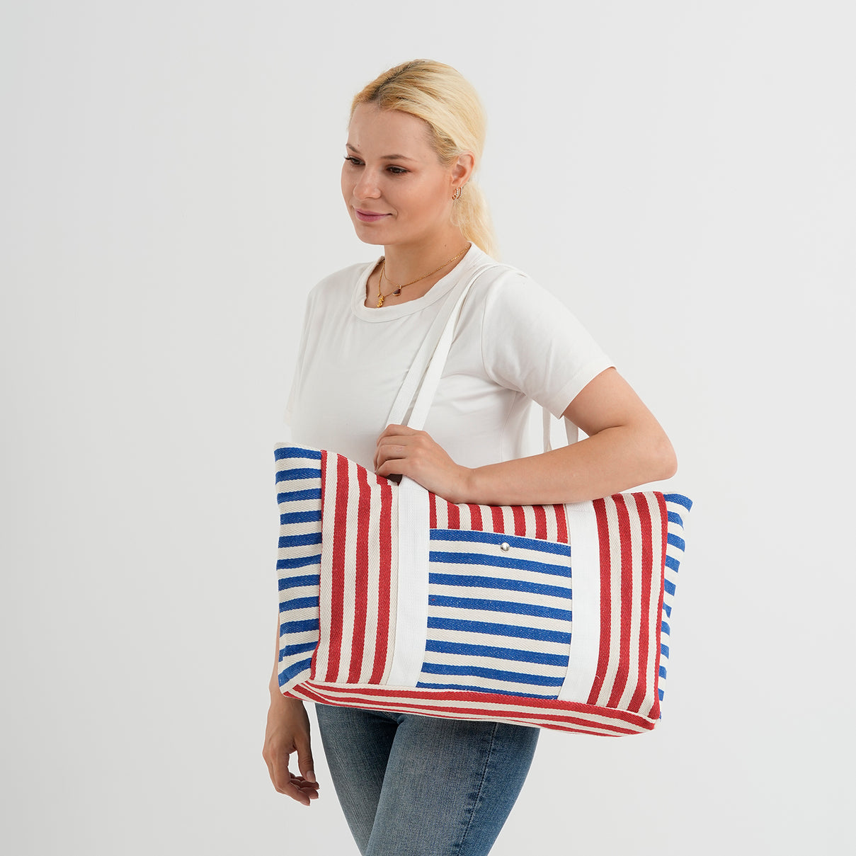 Nautical Striped Large Beach Tote Bag - Blue Red V32521080 2