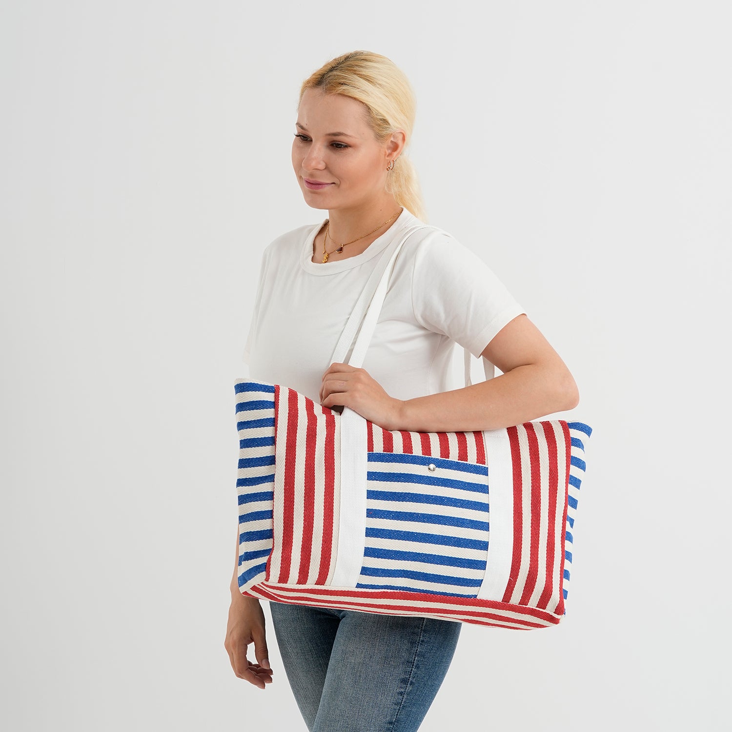Nautical Striped Large Beach Tote Bag - Blue Red V32521080 2