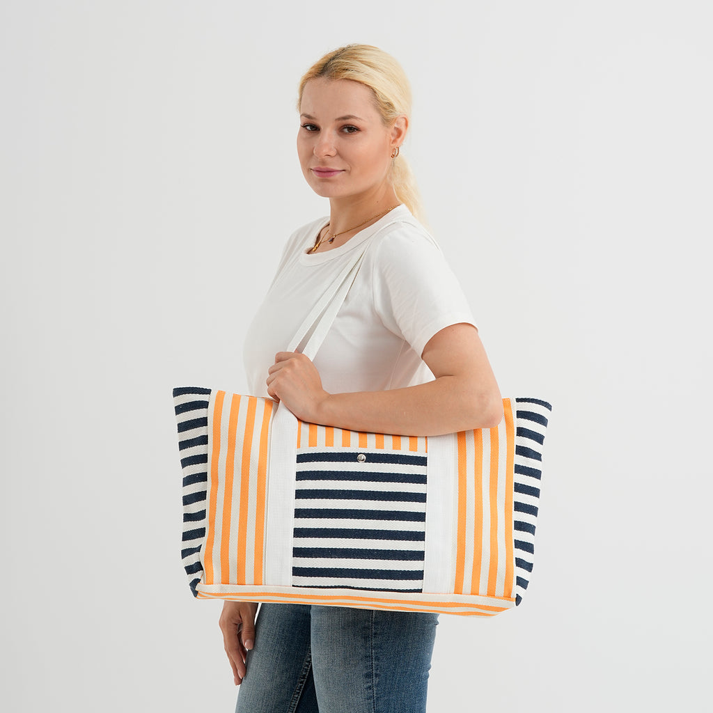 Nautical Striped Large Beach Tote Bag - Navy & Yellow_8574501_2