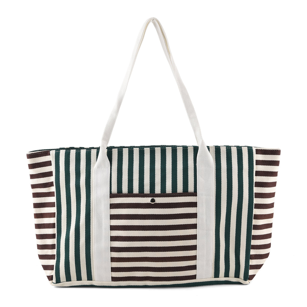 Nautical Striped Large Beach Tote Bag - Green Coffee_8574502