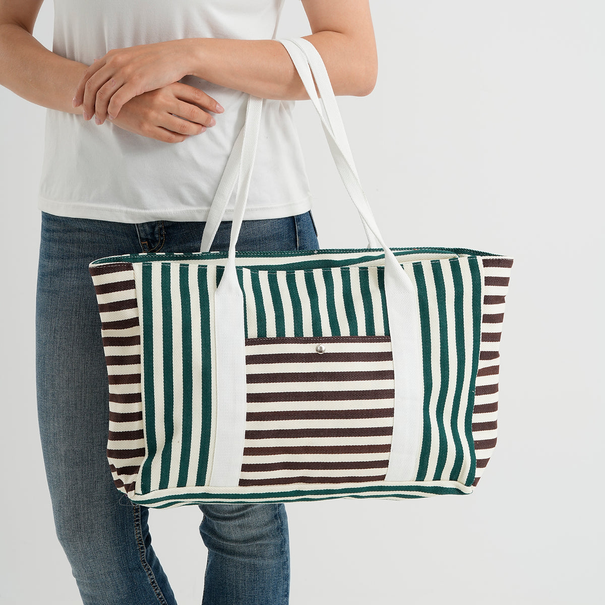 Nautical Striped Large Beach Tote Bag - Green Coffee V32521087 3