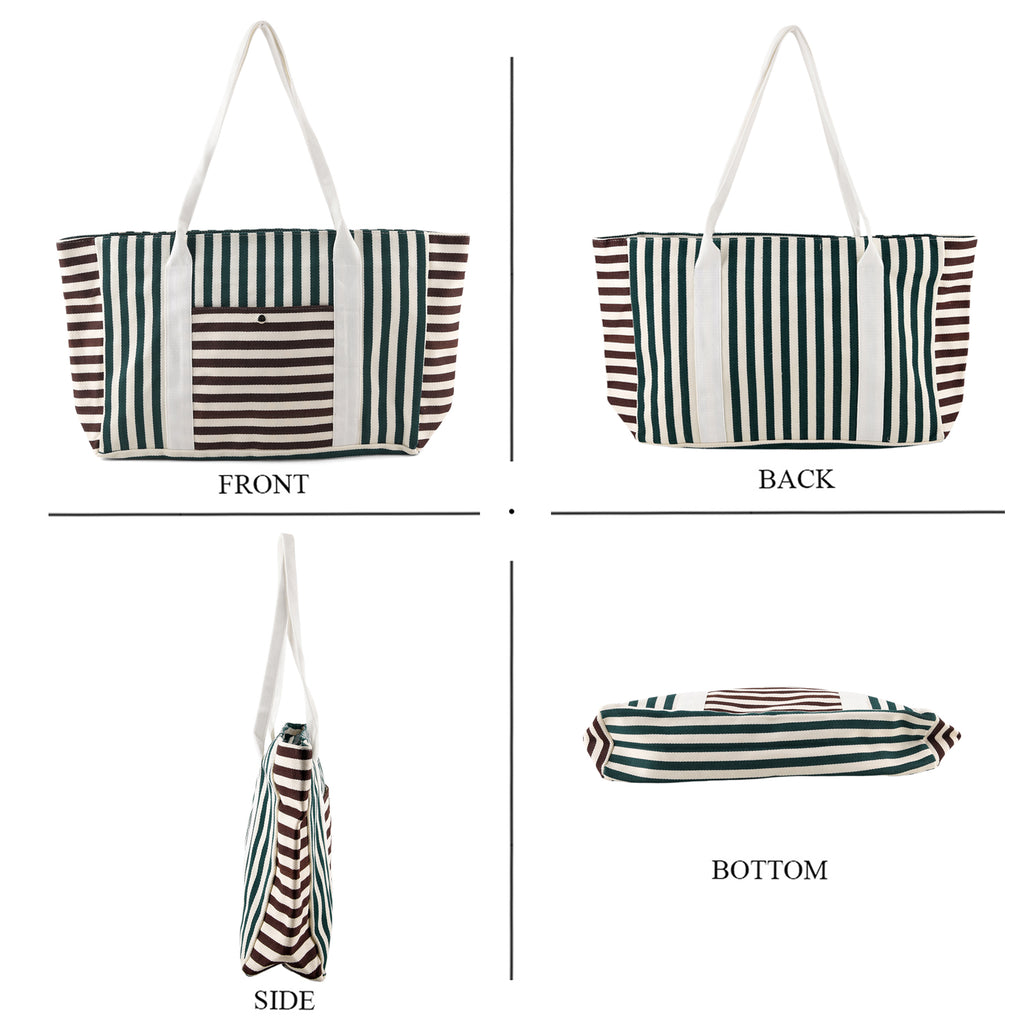 Nautical Striped Large Beach Tote Bag - Green Coffee_8574502_4