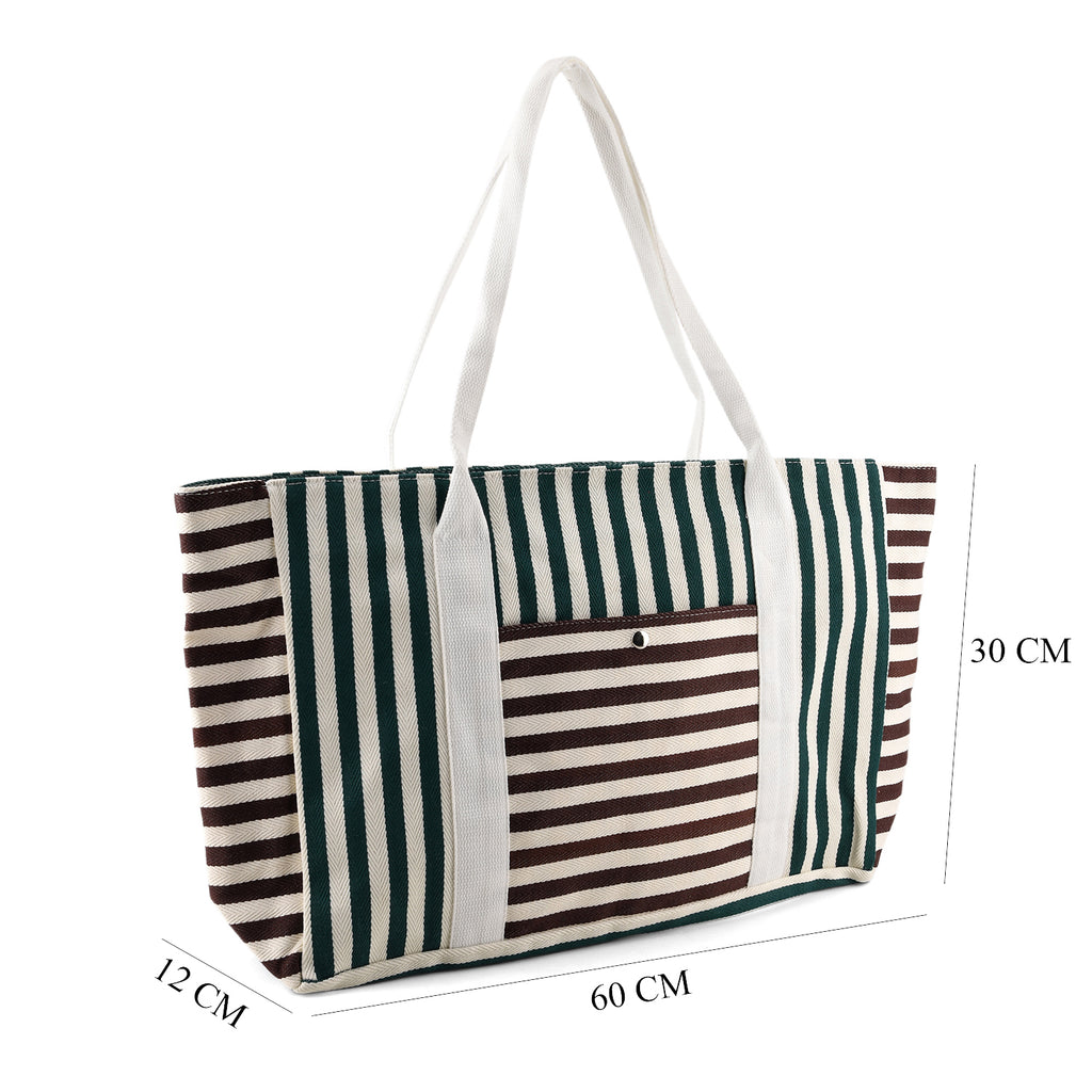 Nautical Striped Large Beach Tote Bag - Green Coffee_8574502_7