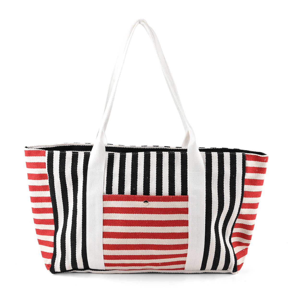 Nautical Striped Large Beach Tote Bag - Black Red V32521084 0