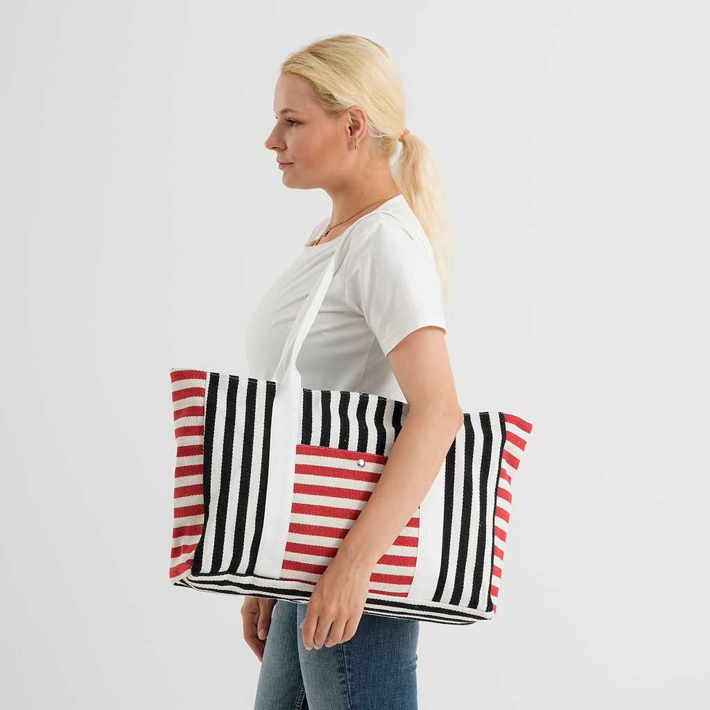 Nautical Striped Large Beach Tote Bag - Black Red_8574503_2