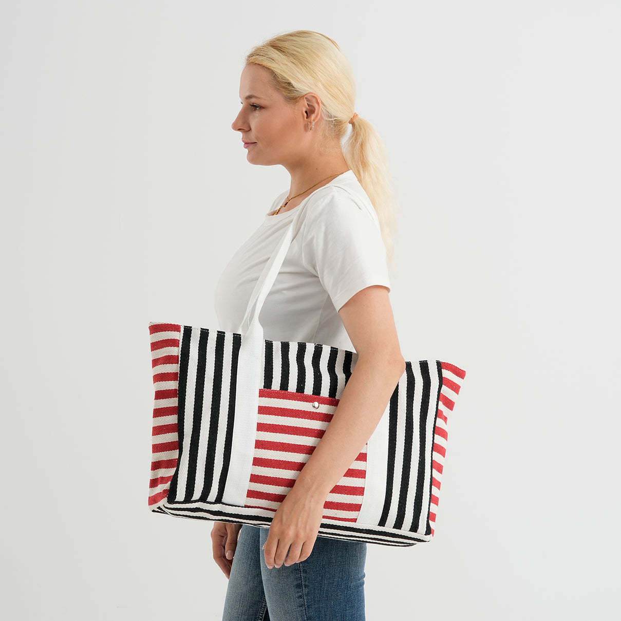 Nautical Striped Large Beach Tote Bag - Black Red V32521084 2