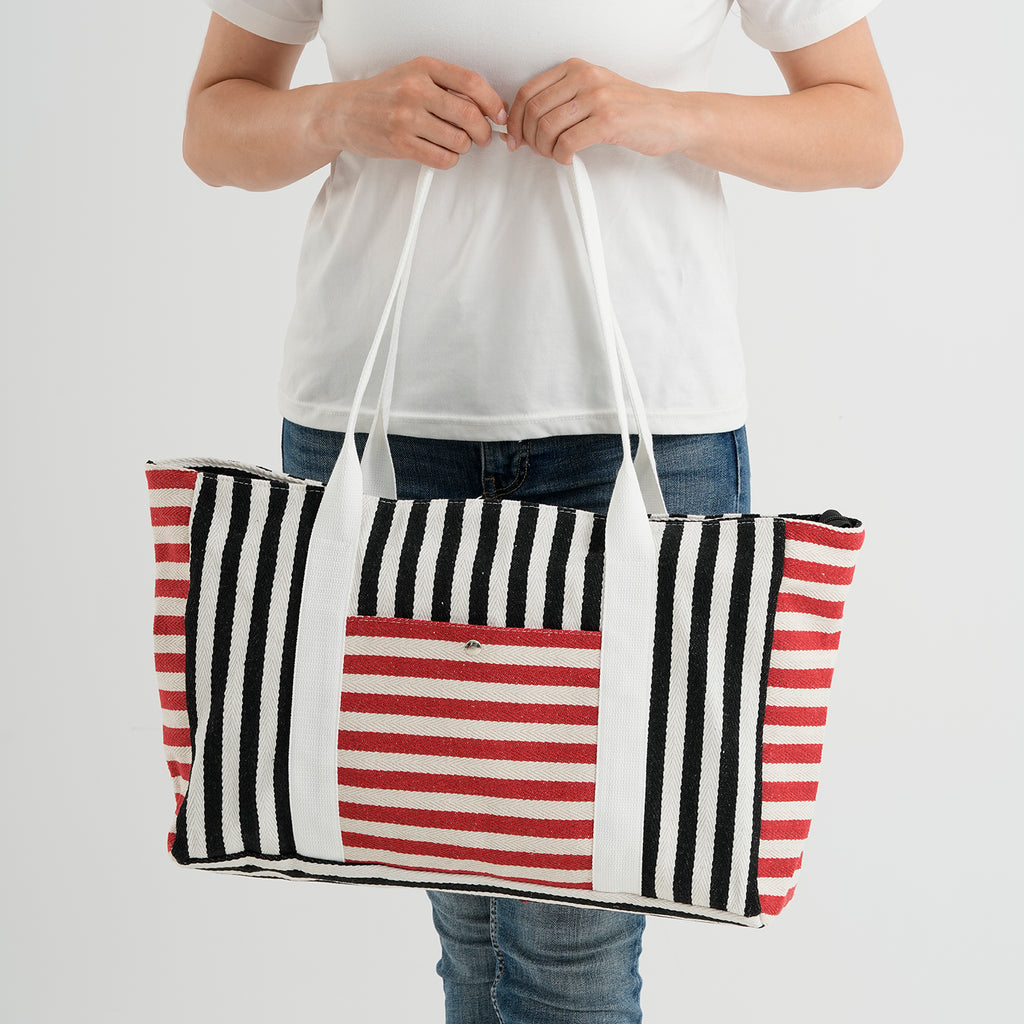 Nautical Striped Large Beach Tote Bag - Black Red_8574503_3