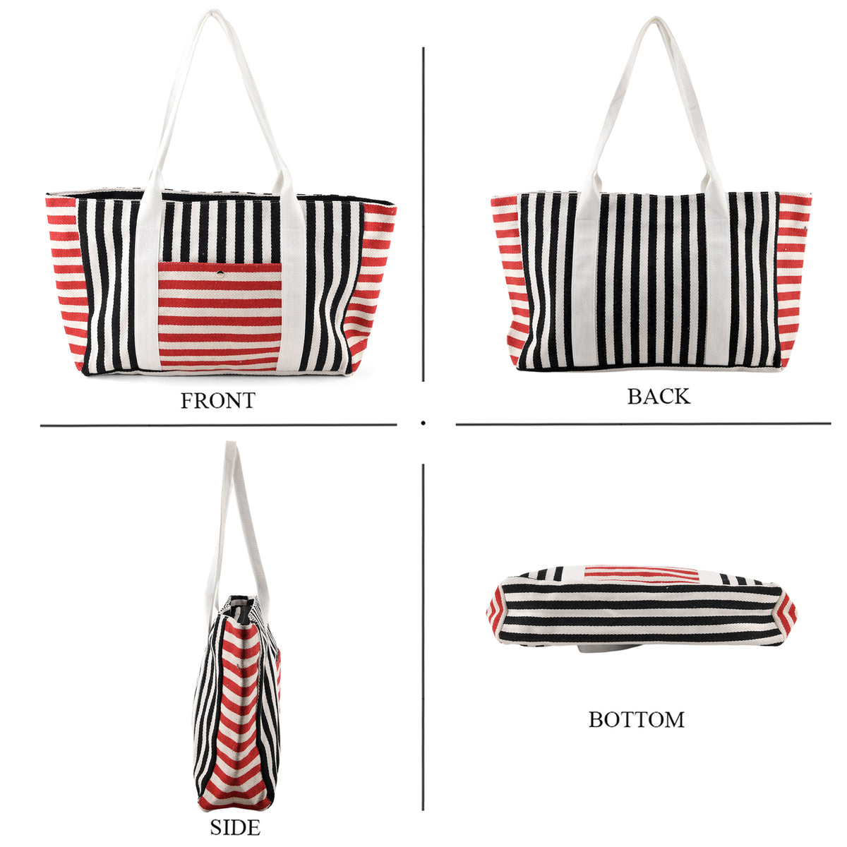 Nautical Striped Large Beach Tote Bag - Black Red V32521084 4