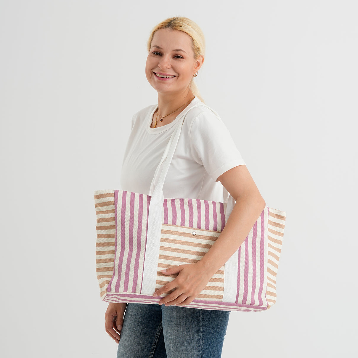 Nautical Striped Large Beach Tote Bag - Grey Red V32519681 2