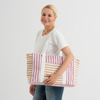 Nautical Striped Large Beach Tote Bag - Grey Red_8574504_2