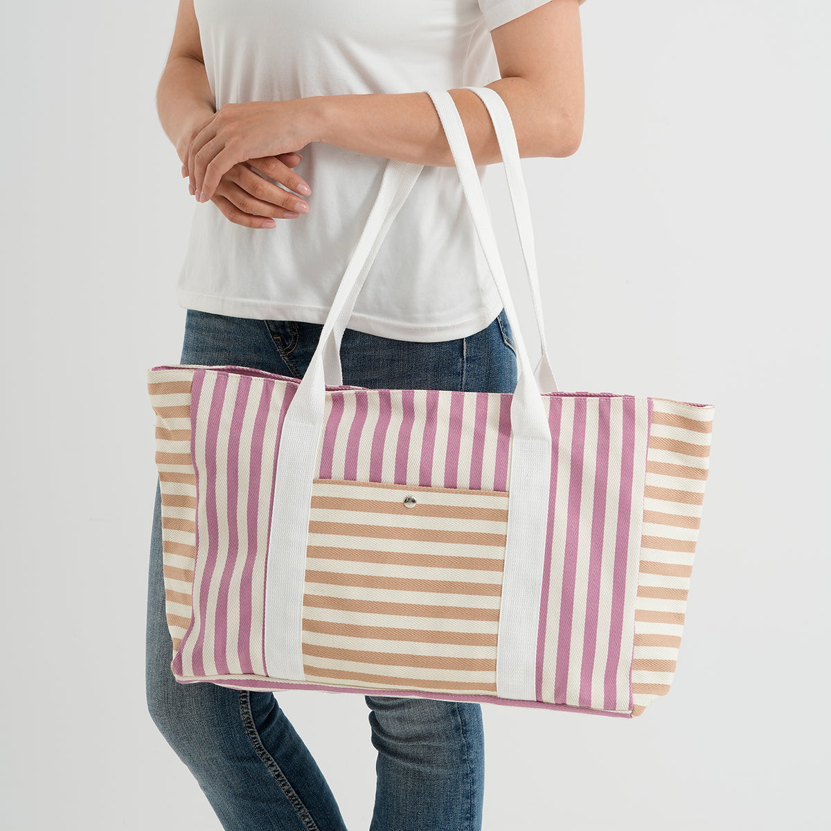 Nautical Striped Large Beach Tote Bag - Grey Red V32519681 3