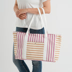 Nautical Striped Large Beach Tote Bag - Grey Red_8574504_3