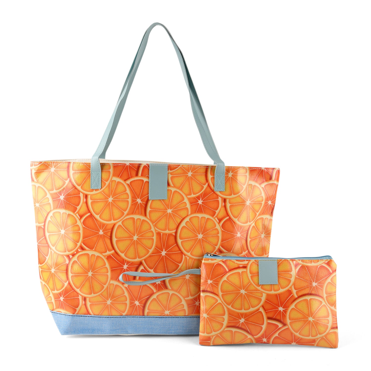 Set of 2 Printed Tote Bag with Matching Pouch - Orange &amp; Blue 8574510 0
