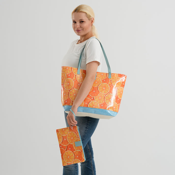 Set of 2 Printed Tote Bag with Matching Pouch - Orange &amp; Blue 8574510 2