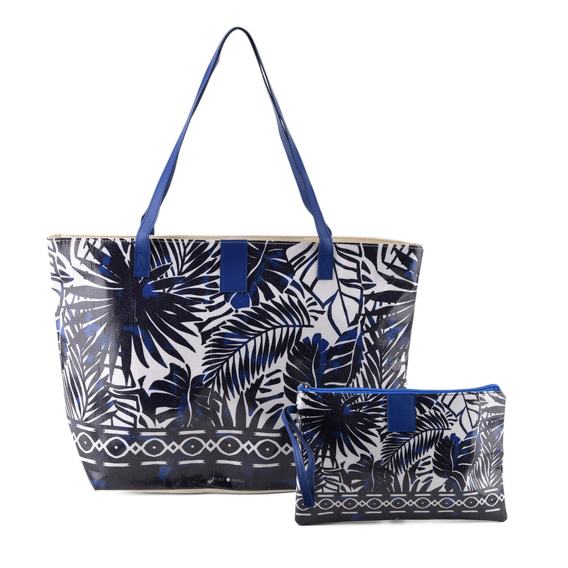 Set of 2 Tropical Print Tote Bag with Matching Pouch - Blue_8574512