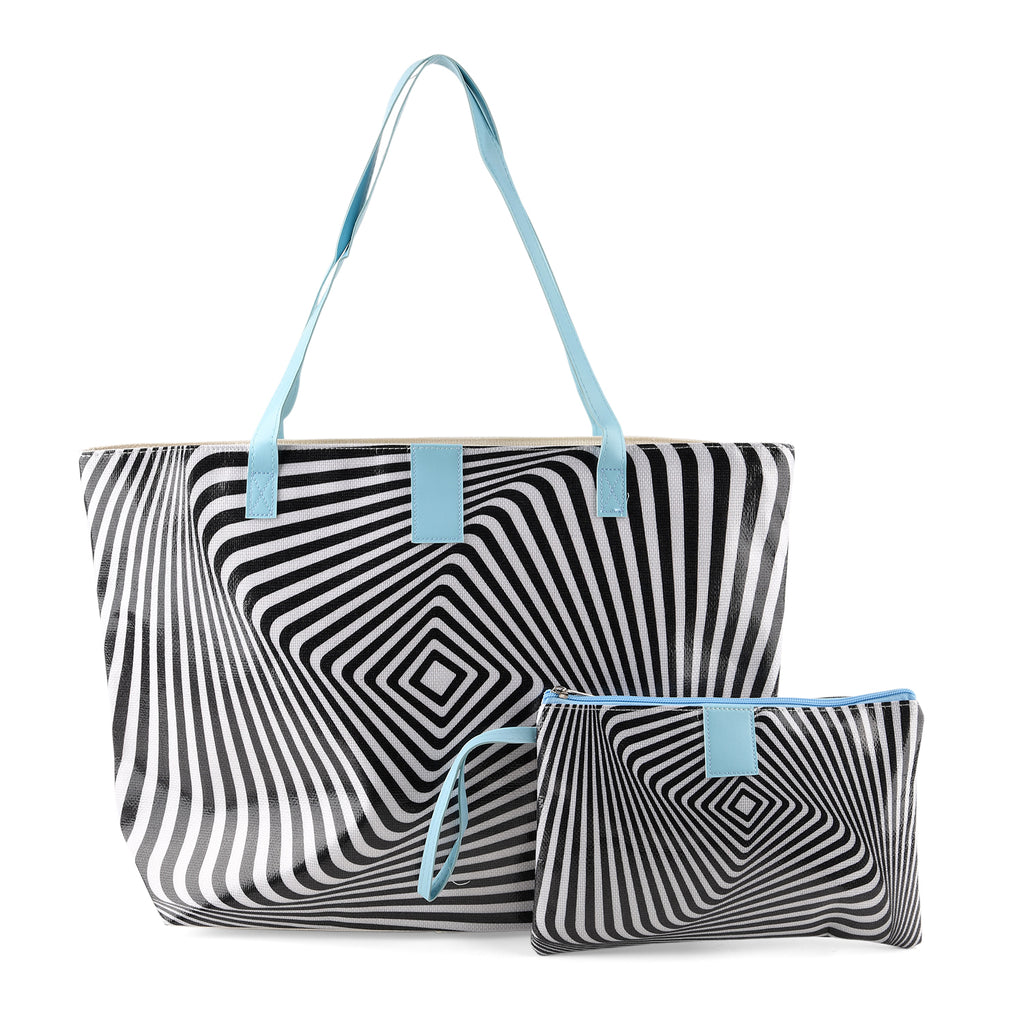 Set of 2 Printed Tote Bag with Matching Pouch - Black & White_8574513