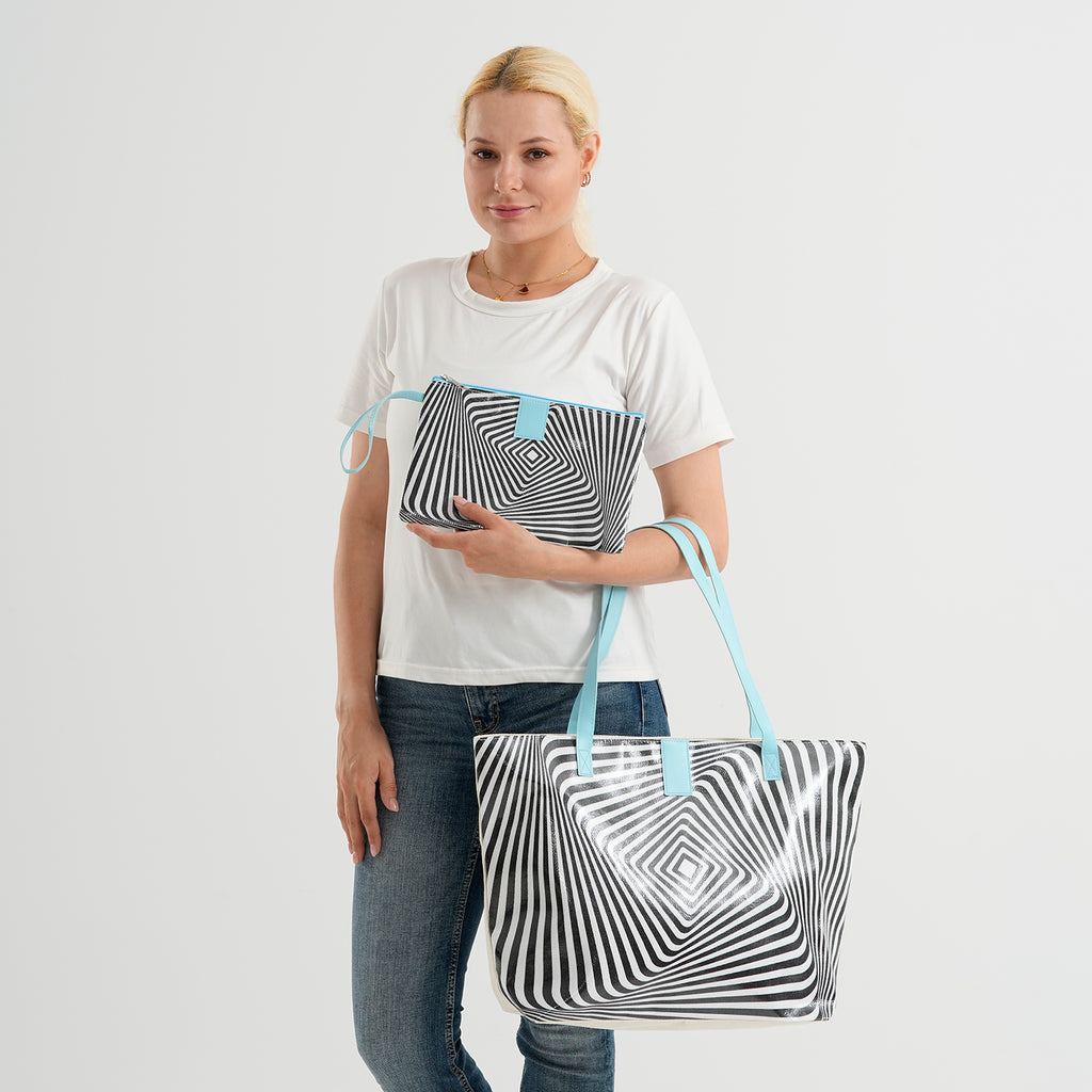 Set of 2 Printed Tote Bag with Matching Pouch - Black & White_8574513_2