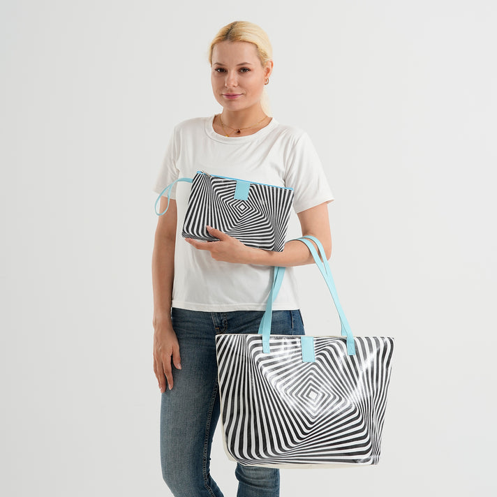 Set of 2 Printed Tote Bag with Matching Pouch - Black &amp; White 8574513 2