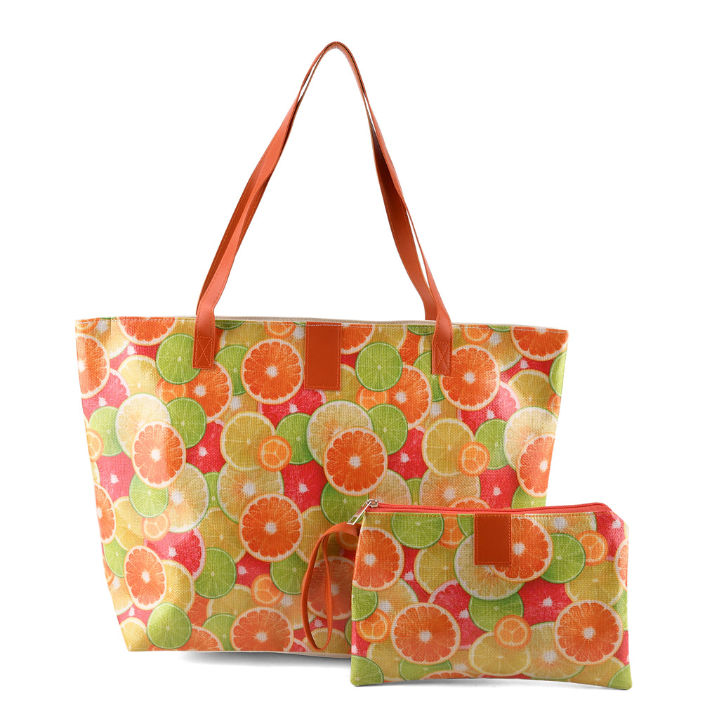 Set of 2 Printed Tote Bag with Matching Pouch - Orange Green_8574514