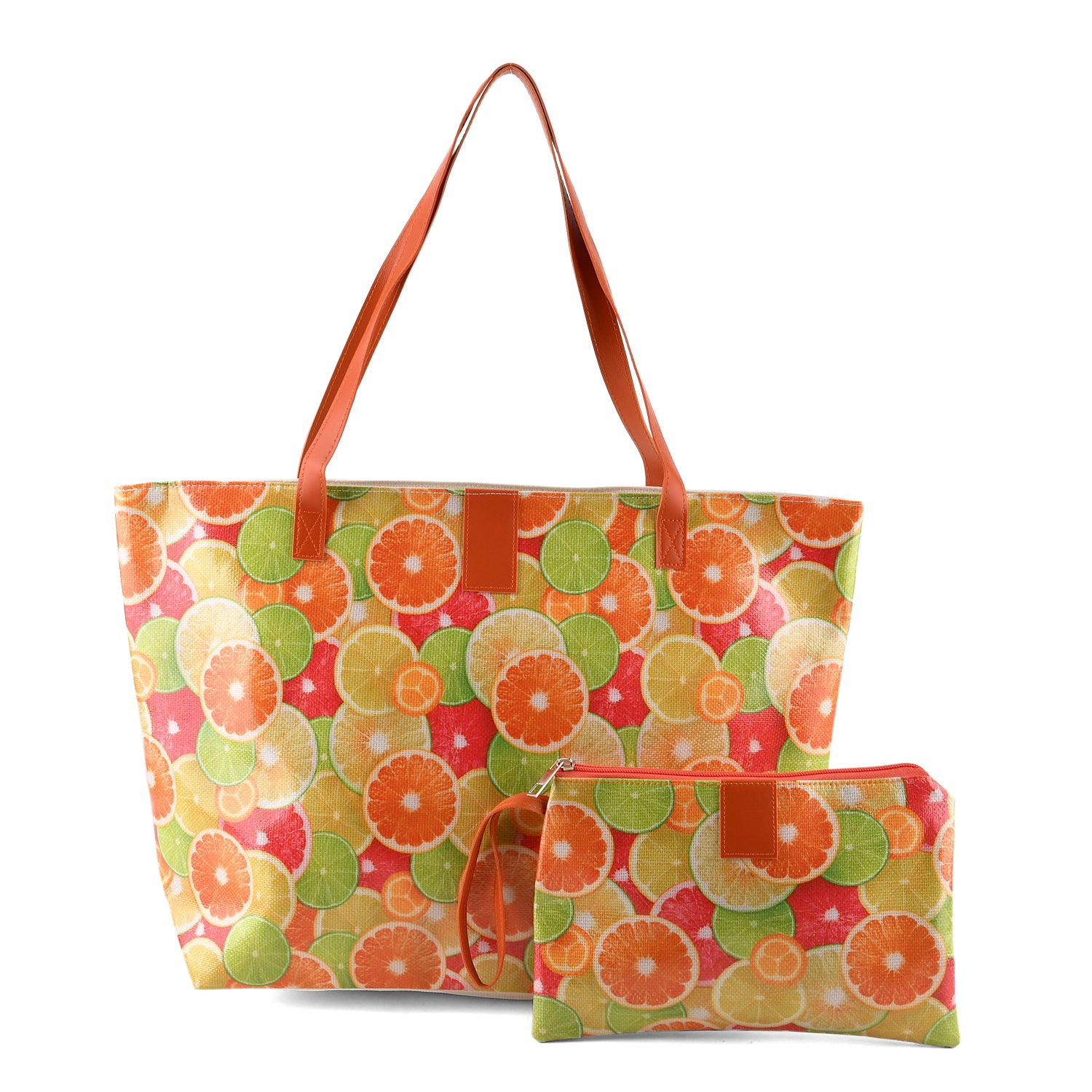 Set of 2 Printed Tote Bag with Matching Pouch - Orange Green V32513837 0