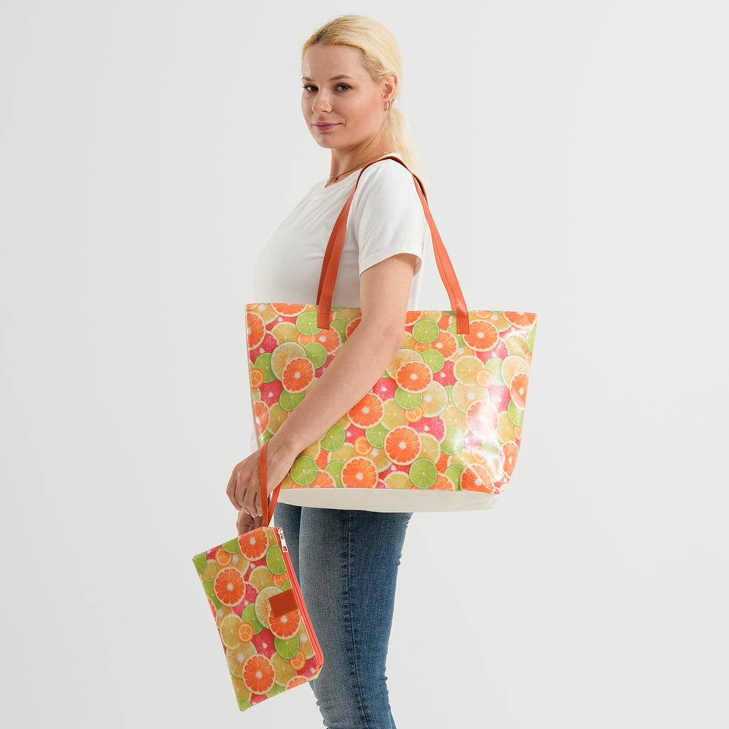 Set of 2 Printed Tote Bag with Matching Pouch - Orange Green_8574514_2