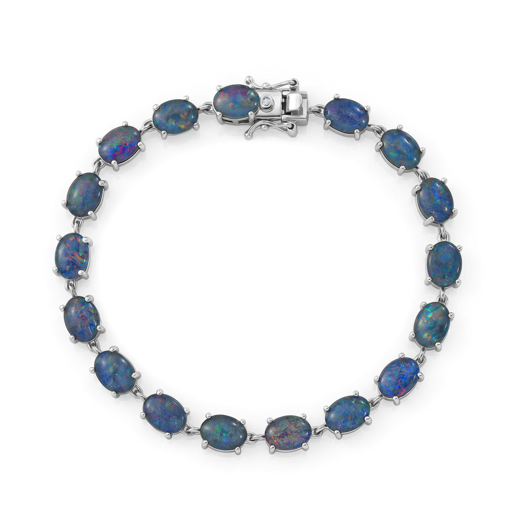 D'Joy - Boulder Opal Triplet & White Zircon Cluster Bracelet (Size - 7.5) with GB Lock Box in Rhodium Overlay Sterling Silver 14.53 Ct._8574520