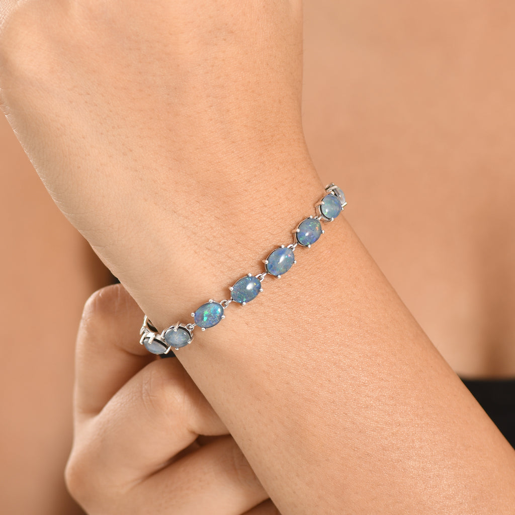 D'Joy - Boulder Opal Triplet & White Zircon Cluster Bracelet (Size - 7.5) with GB Lock Box in Rhodium Overlay Sterling Silver 14.53 Ct._8574520_1