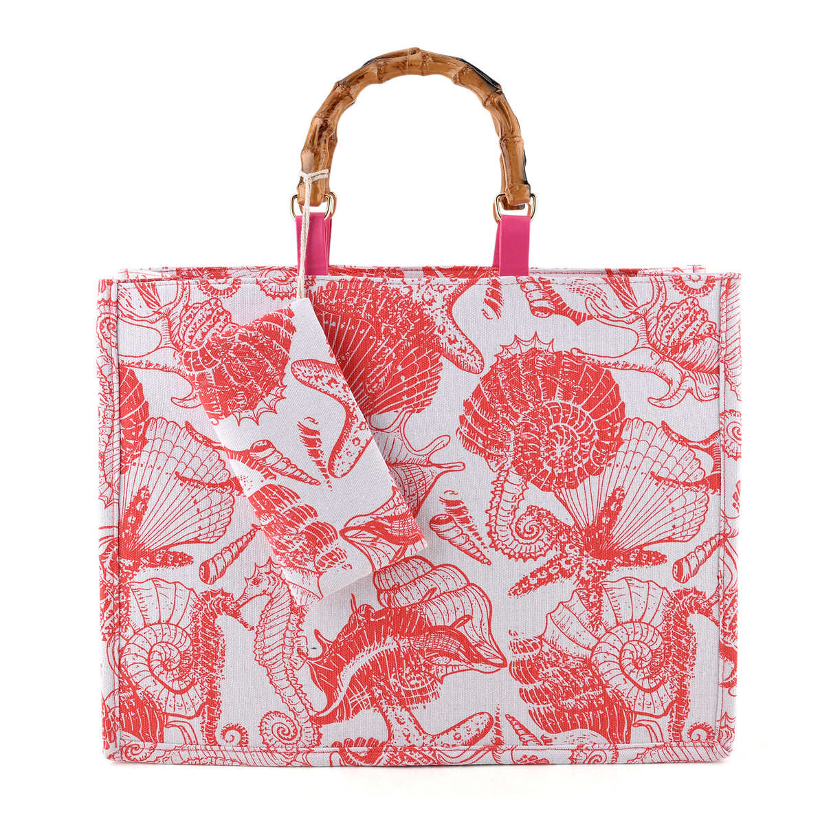 Seashell Print Tote Bag Set with Bamboo Handles - Rose Red V32513544 0