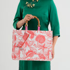 Seashell Print Tote Bag Set with Bamboo Handles - Rose Red_8574562_3