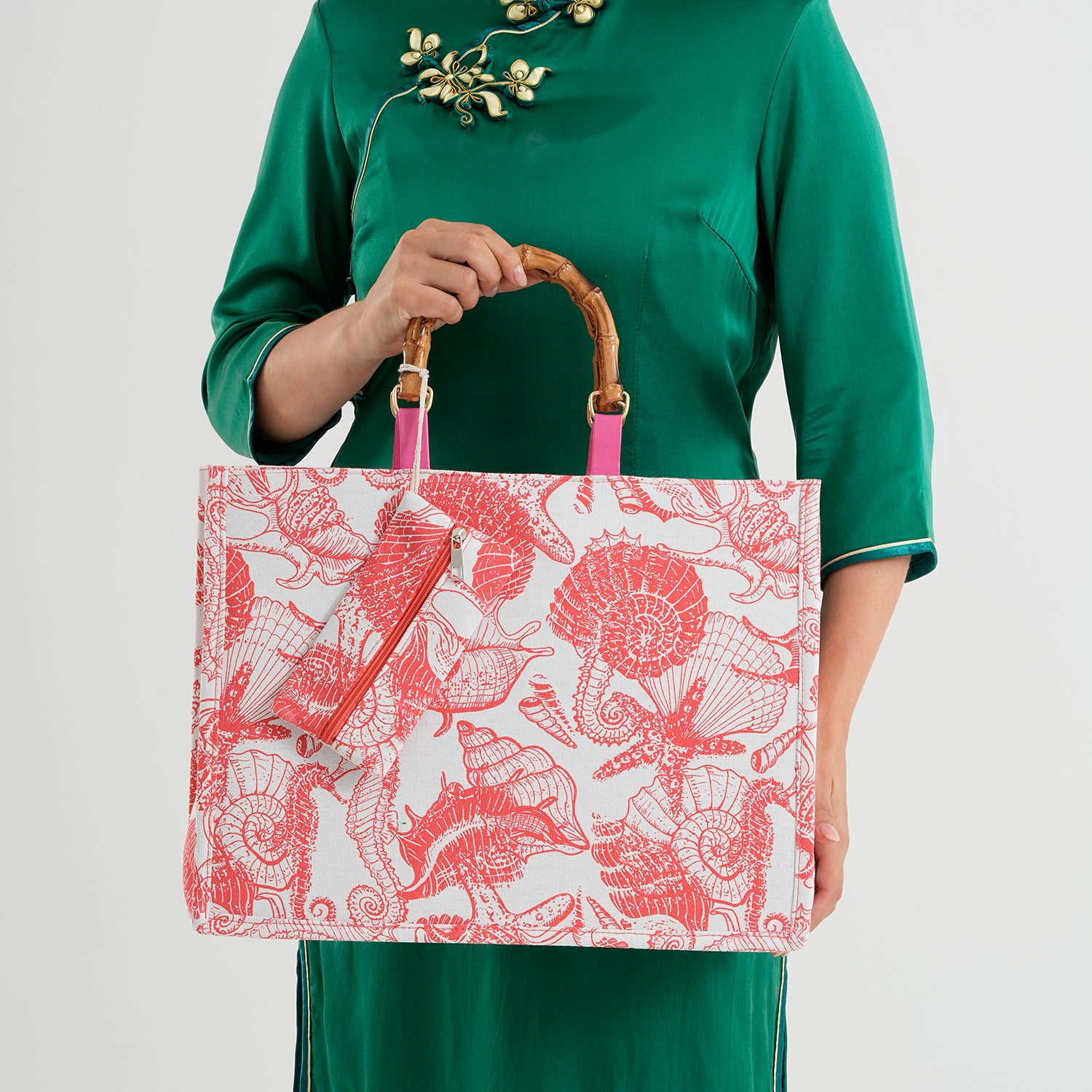 Seashell Print Tote Bag Set with Bamboo Handles - Rose Red V32513544 3