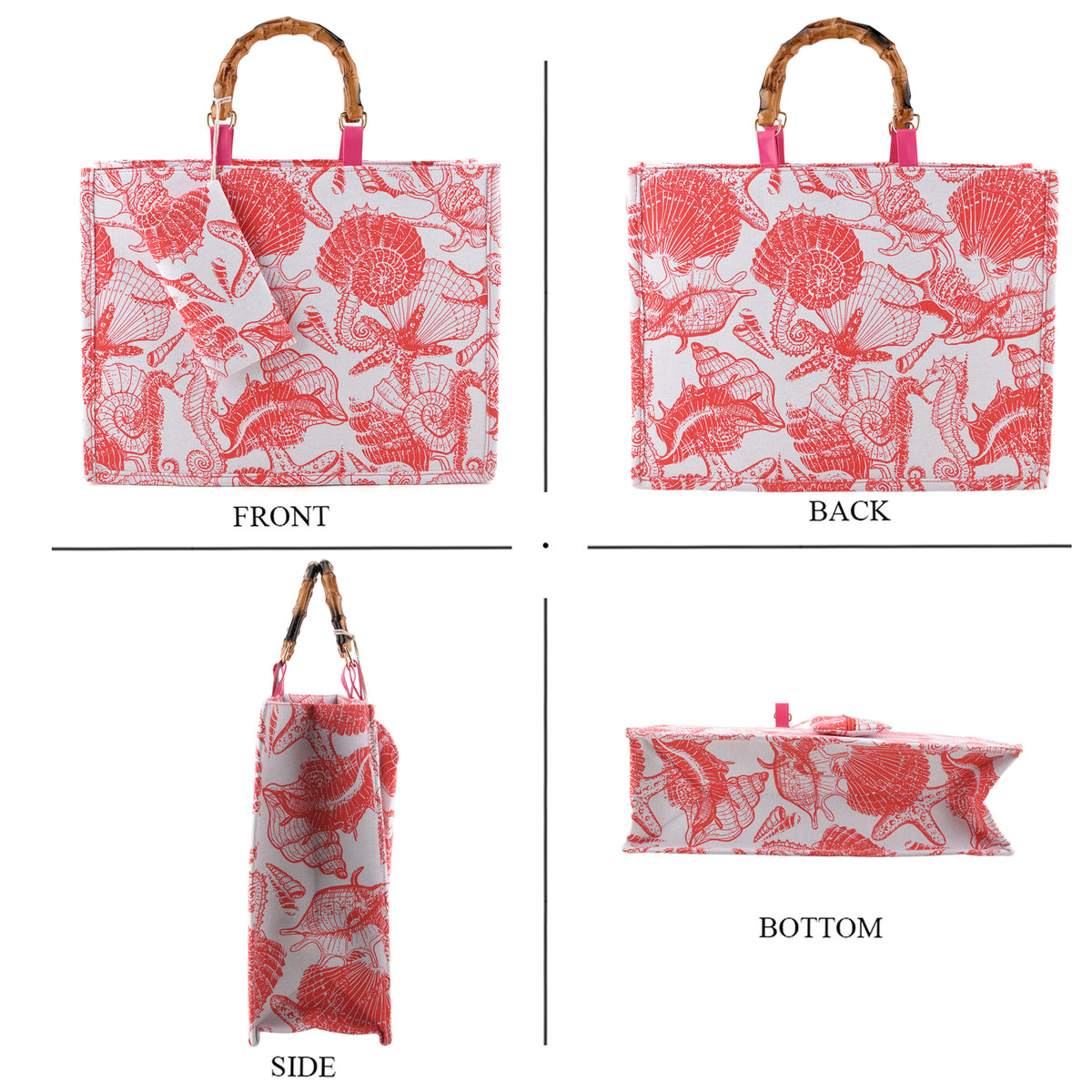 Seashell Print Tote Bag Set with Bamboo Handles - Rose Red V32513544 4