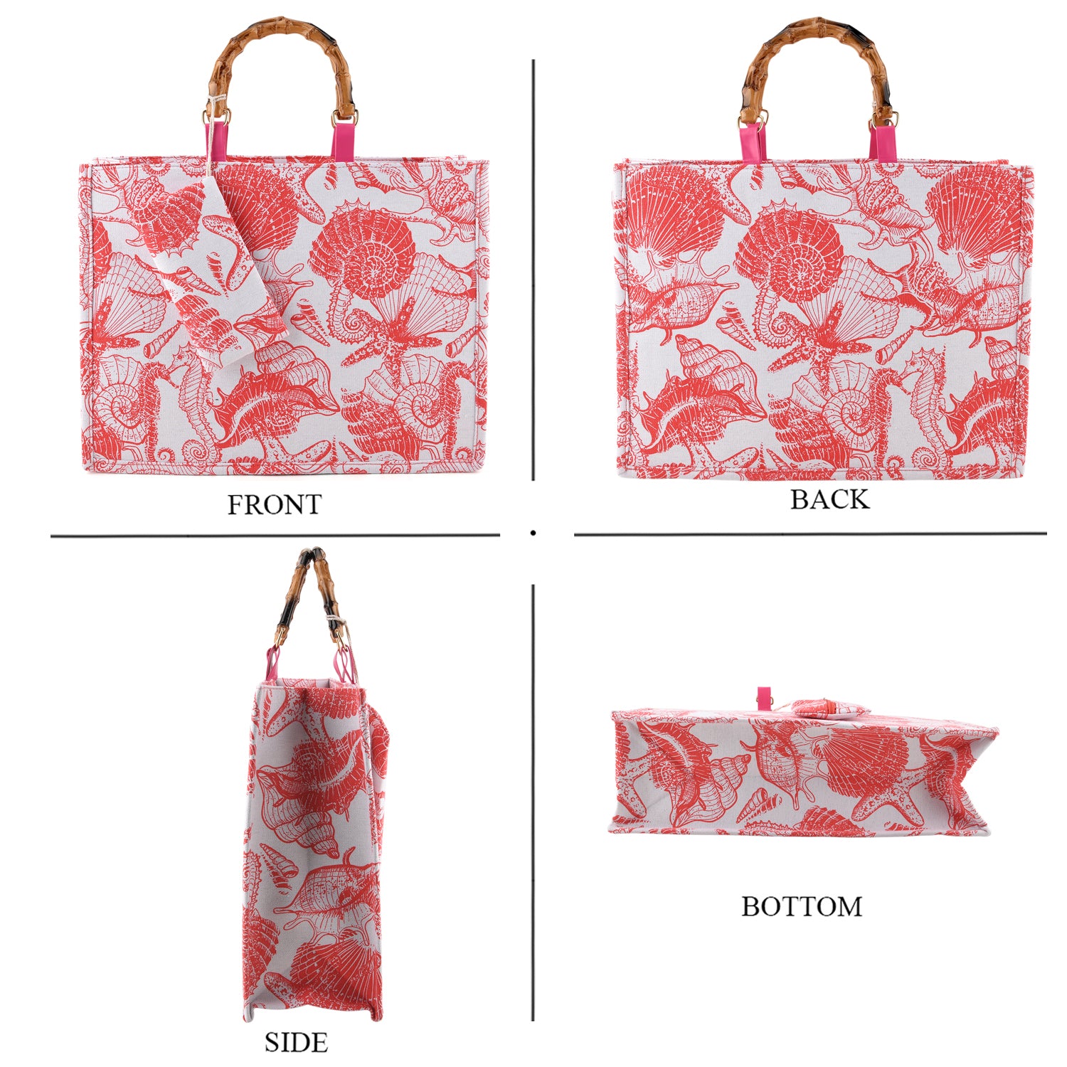 Seashell Print Tote Bag Set with Bamboo Handles - Rose Red V32513544 4