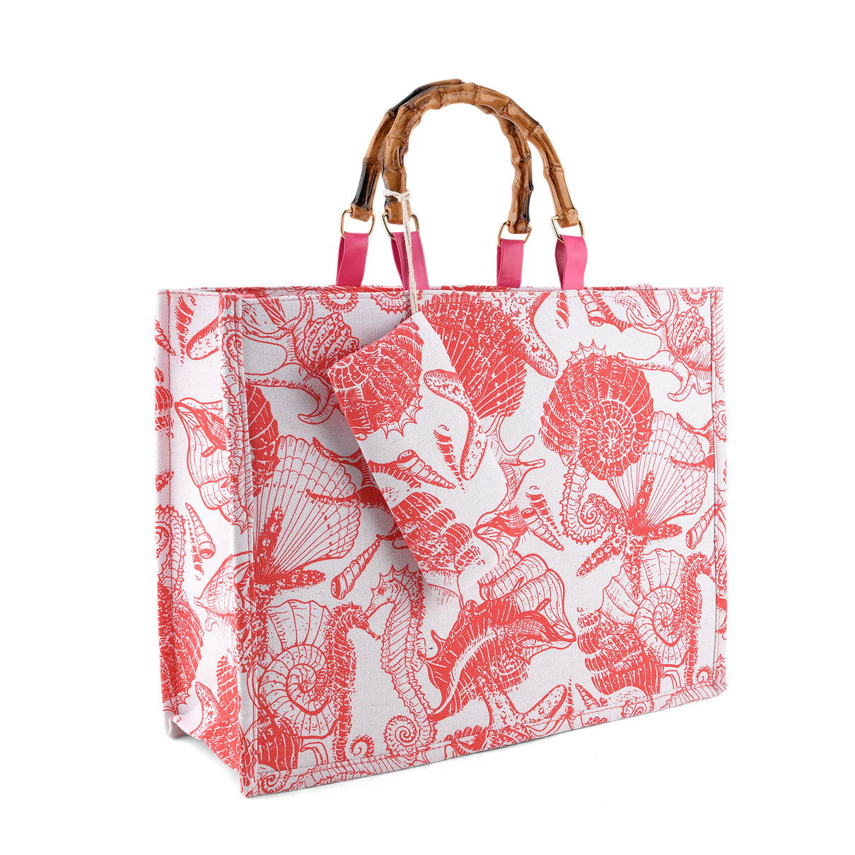 Seashell Print Tote Bag Set with Bamboo Handles - Rose Red V32513544 5
