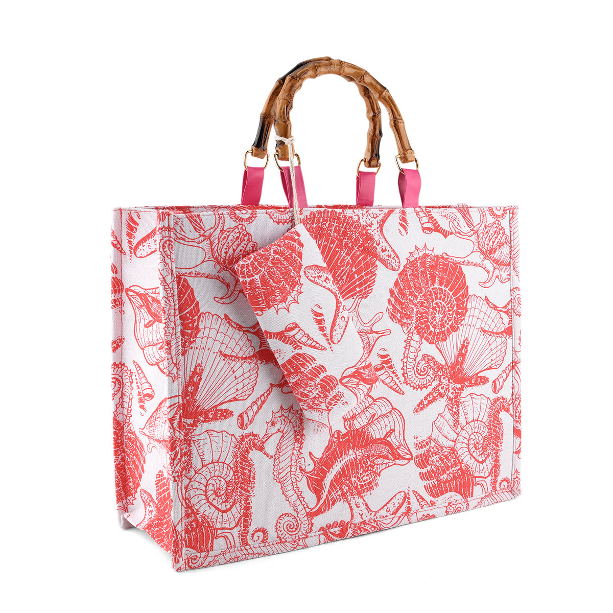 Seashell Print Tote Bag Set with Bamboo Handles - Rose Red V32513544 5