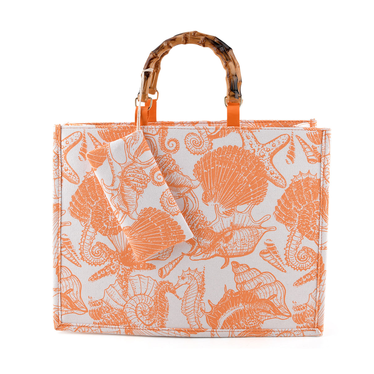 Seashell Print Tote Bag Set with Bamboo Handles - Orange V32489427 0