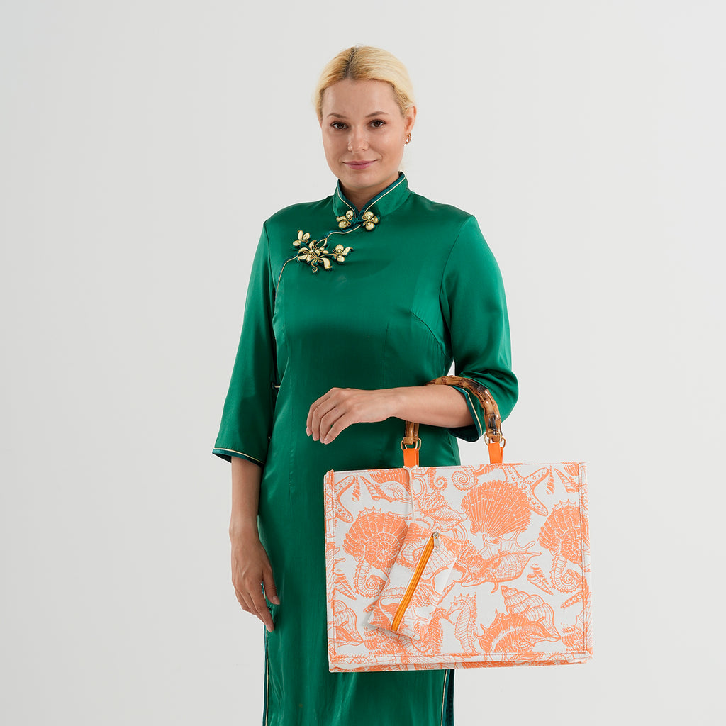 Seashell Print Tote Bag Set with Bamboo Handles - Orange_8574563_2