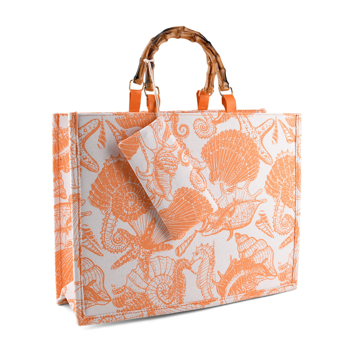 Seashell Print Tote Bag Set with Bamboo Handles - Orange V32489427 5
