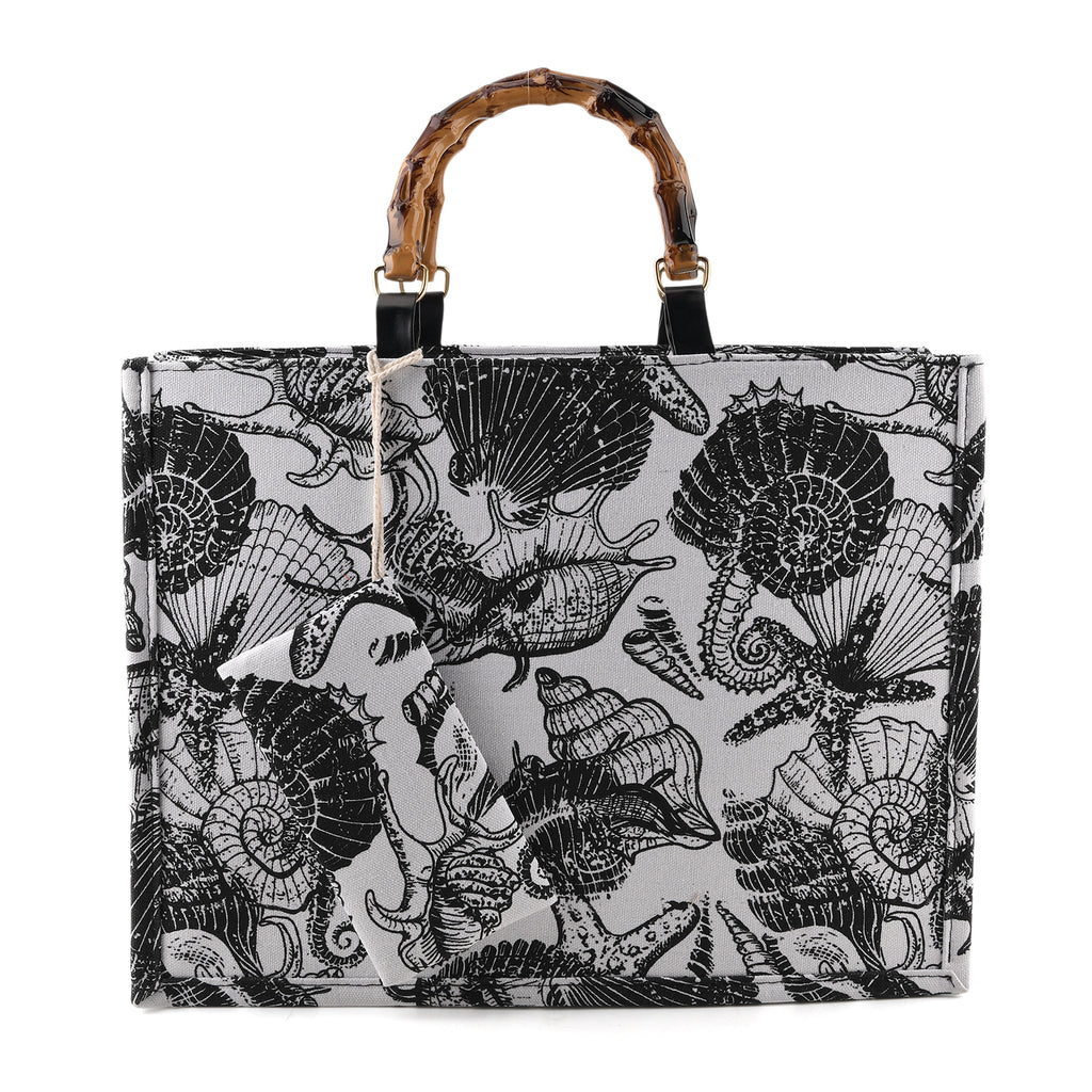 Seashell Print Tote Bag Set with Bamboo Handles - Black_8574564