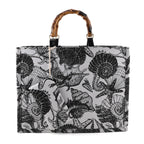 Seashell Print Tote Bag Set with Bamboo Handles - Black_8574564