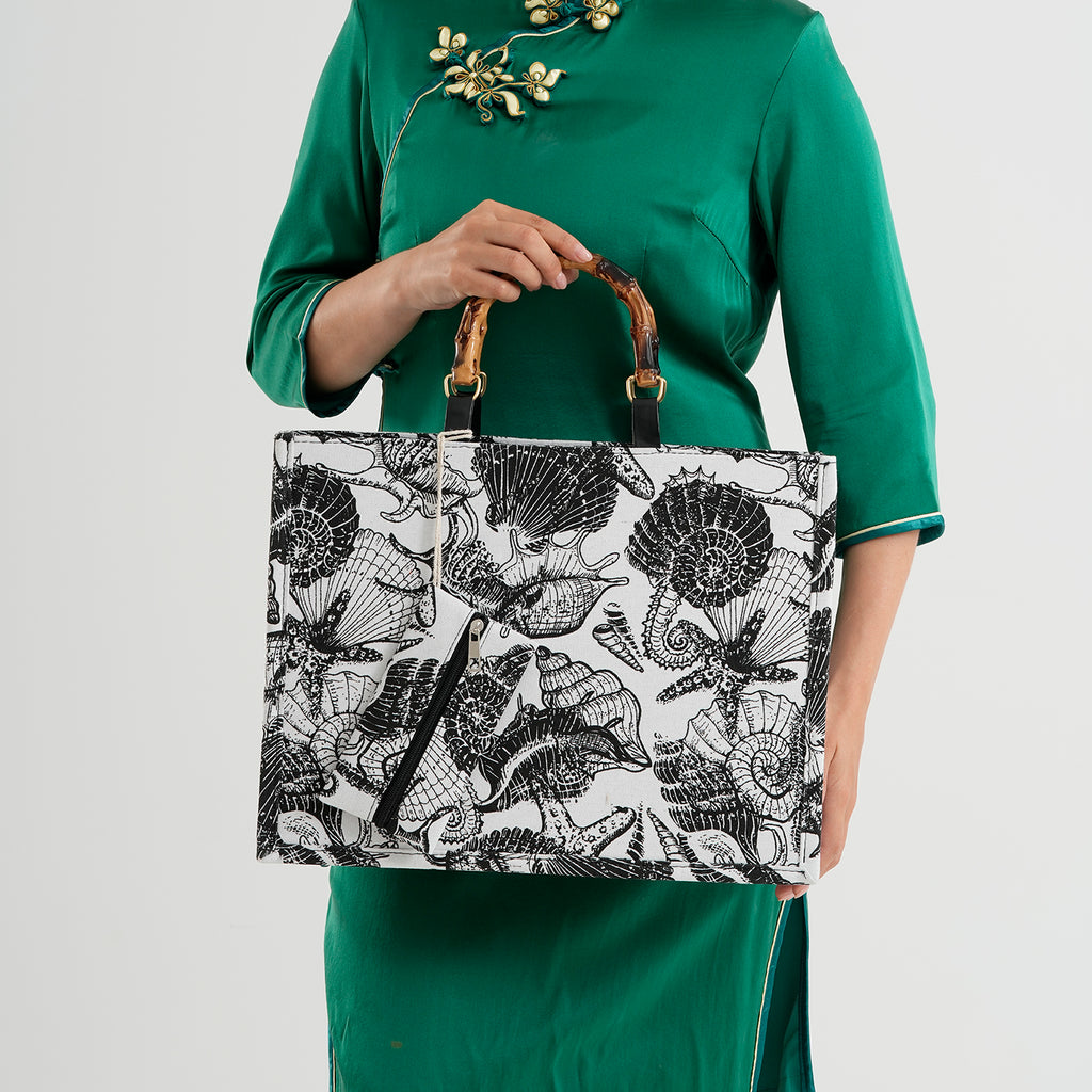 Seashell Print Tote Bag Set with Bamboo Handles - Black_8574564_3