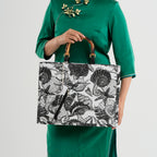 Seashell Print Tote Bag Set with Bamboo Handles - Black_8574564_3