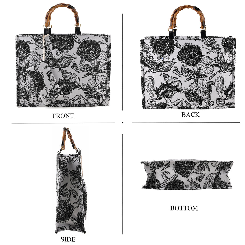 Seashell Print Tote Bag Set with Bamboo Handles - Black_8574564_4
