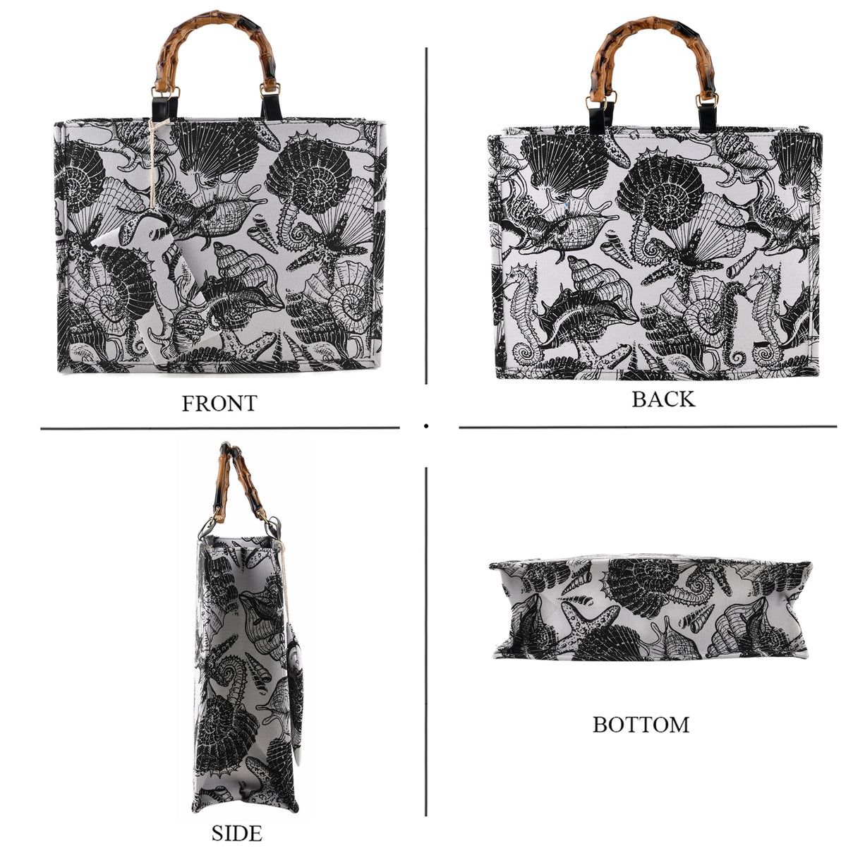 Seashell Print Tote Bag Set with Bamboo Handles - Black V32515260 4