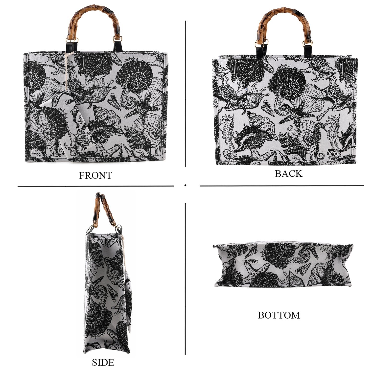 Seashell Print Tote Bag Set with Bamboo Handles - Black V32515260 4