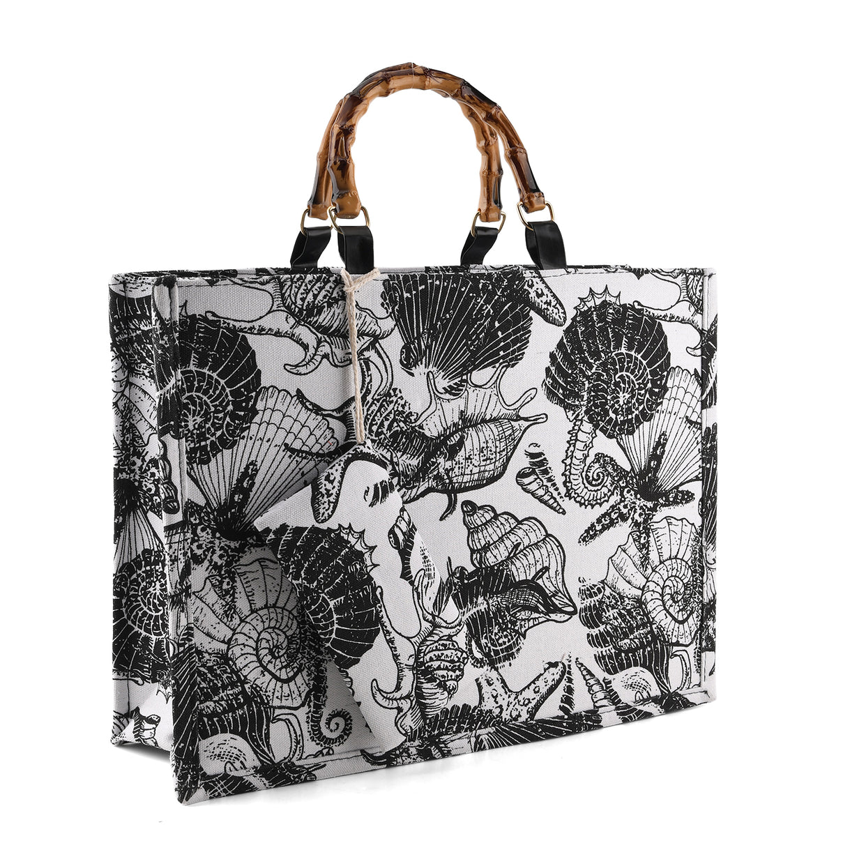 Seashell Print Tote Bag Set with Bamboo Handles - Black V32515260 5