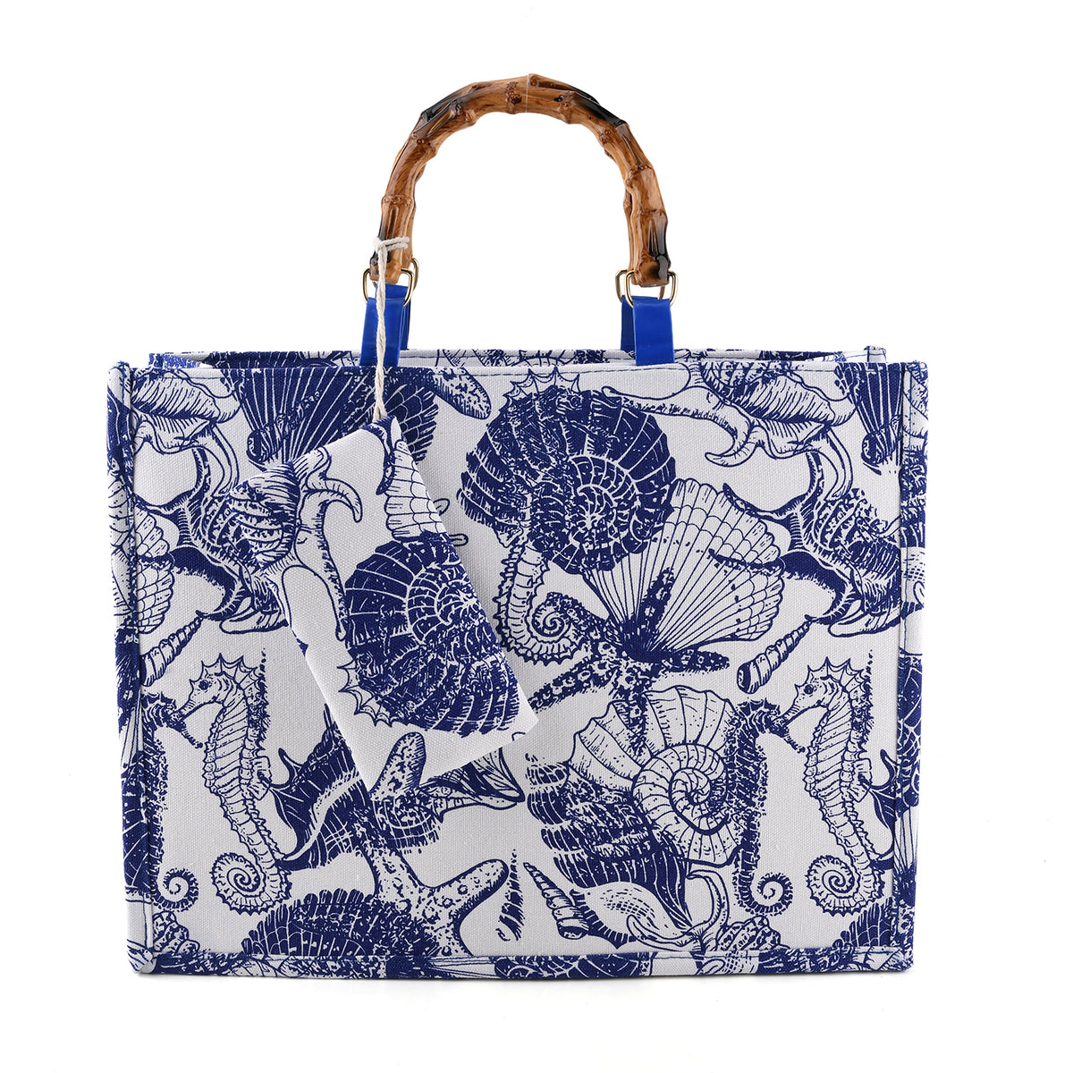 Seashell Print Tote Bag Set with Bamboo Handles - Blue V32515506 0