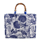 Seashell Print Tote Bag Set with Bamboo Handles - Blue_8574567