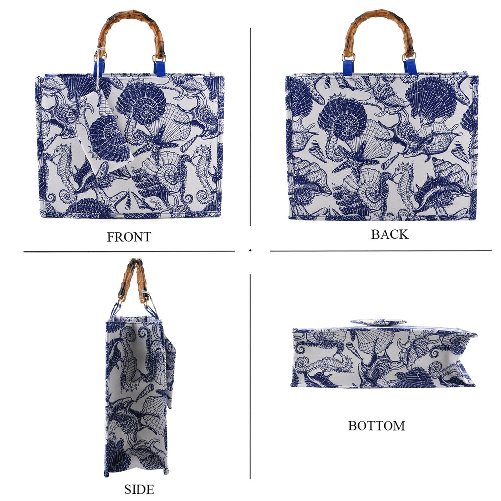 Seashell Print Tote Bag Set with Bamboo Handles - Blue_8574567_4